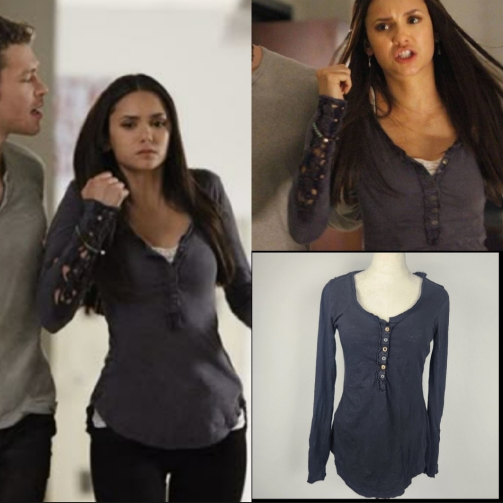 ASO Elena Gilbert Free People Kombucha Top Henley Black Alternative Black Color